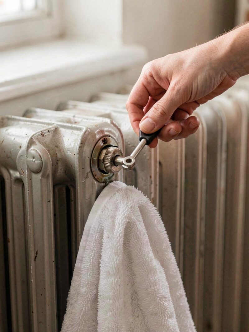 A hand using a radiator key on the bleed valve at the top corner of a cast iron radiator, a white towel held underneath