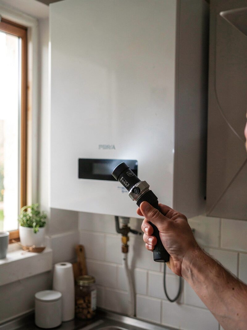 A combi boiler mounted on a kitchen wall, its small display dark, a hand holding a torch up to the pressure dial