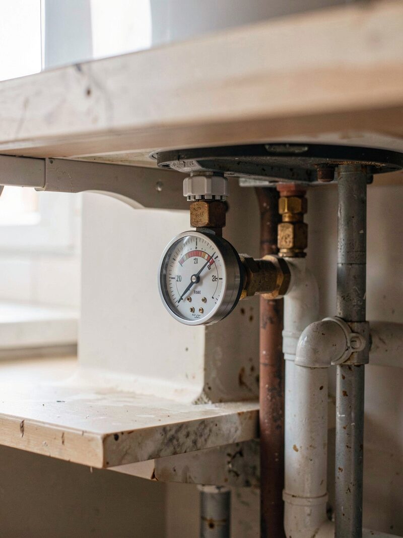 AI illustration: a combi boiler pressure dial under a kitchen worktop