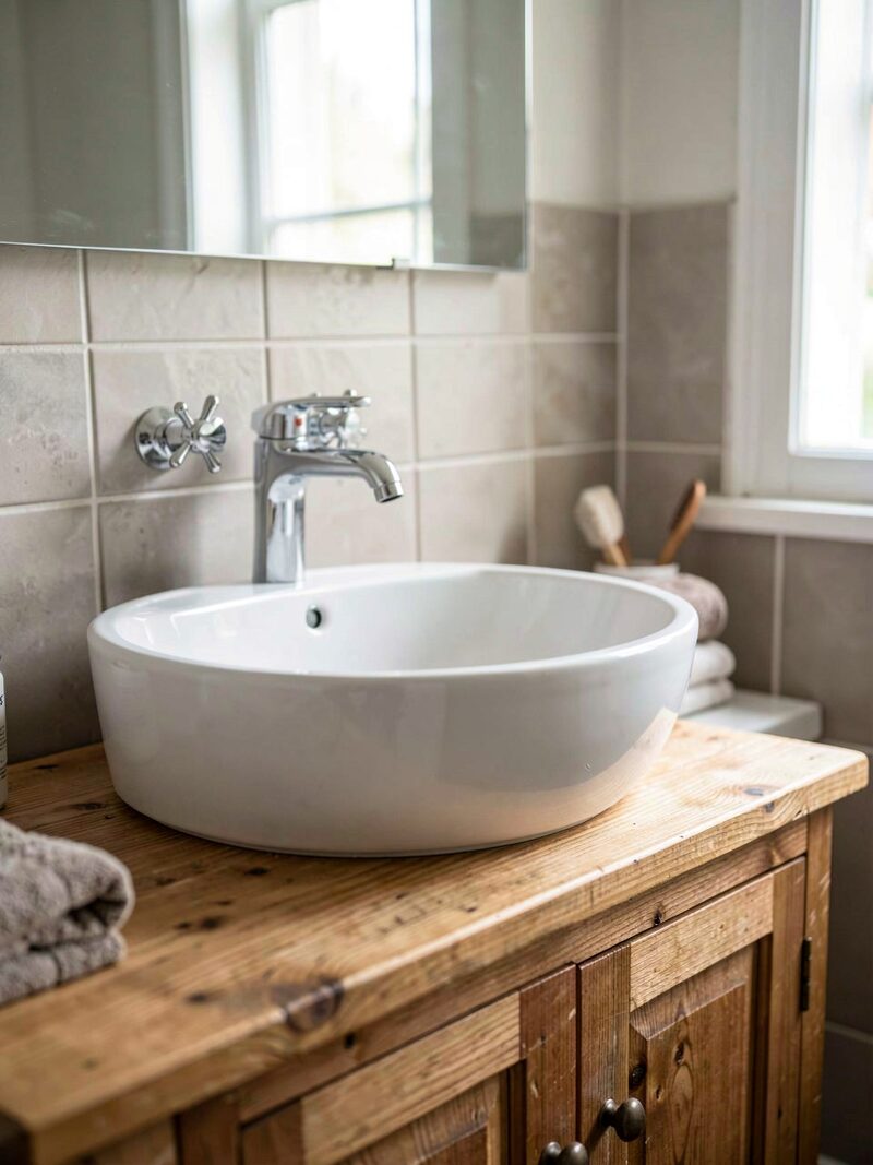 AI illustration: a ceramic basin on a wooden vanity unit in daylight