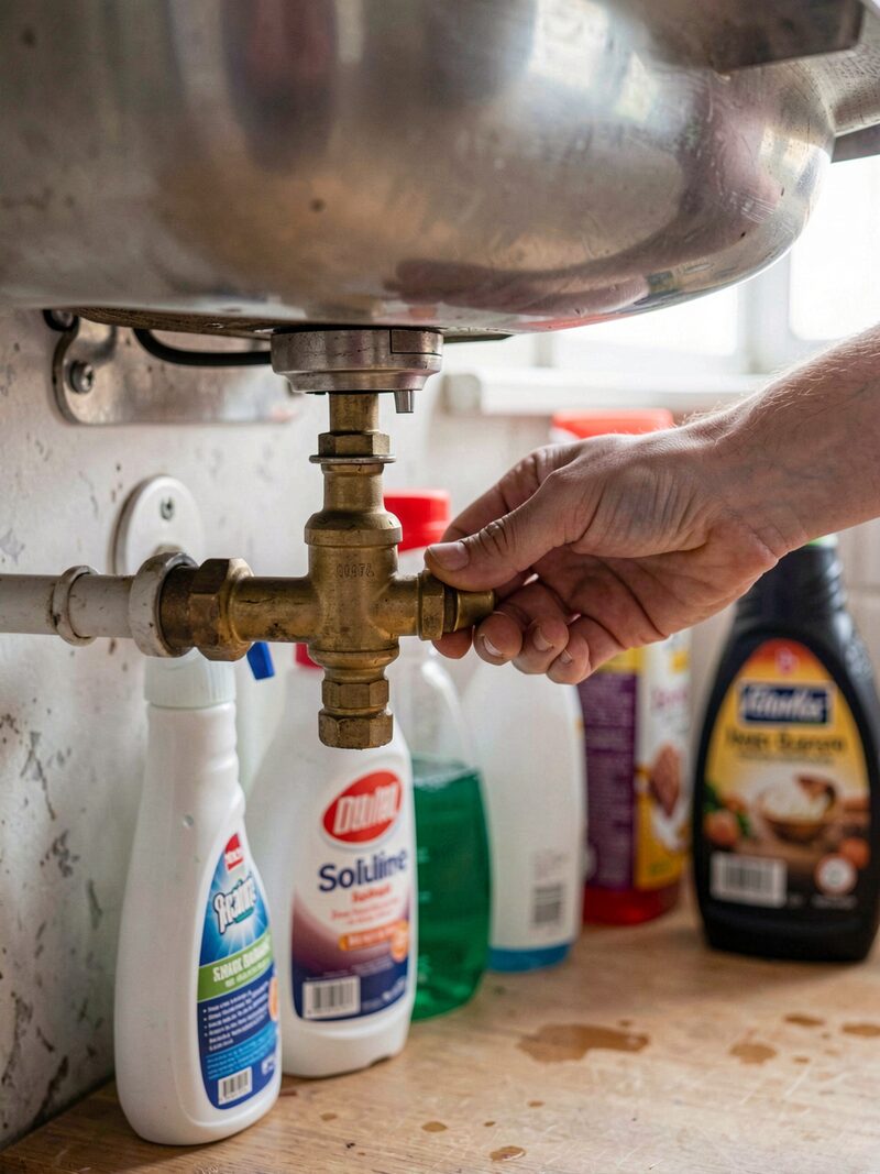 AI illustration: a brass stop tap under a kitchen sink, hand reaching to turn it
