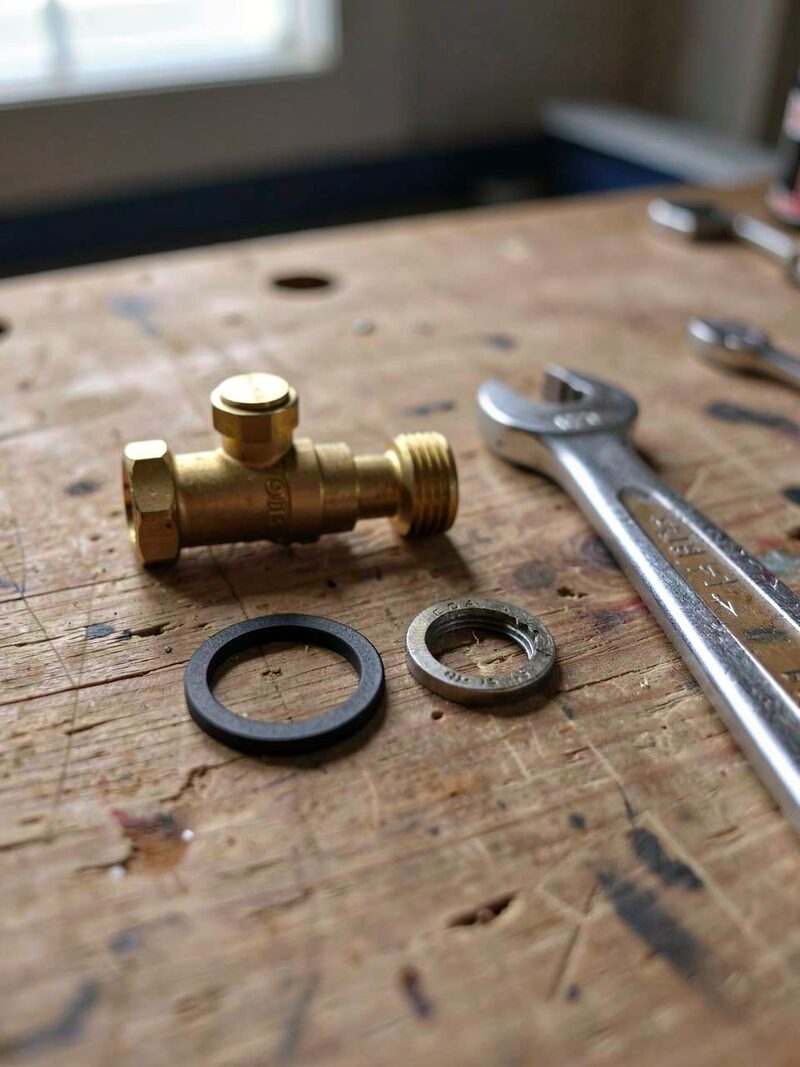 A tap taken apart on a wooden worktop, brass valve and black washer laid out in a row next to an adjustable spanner