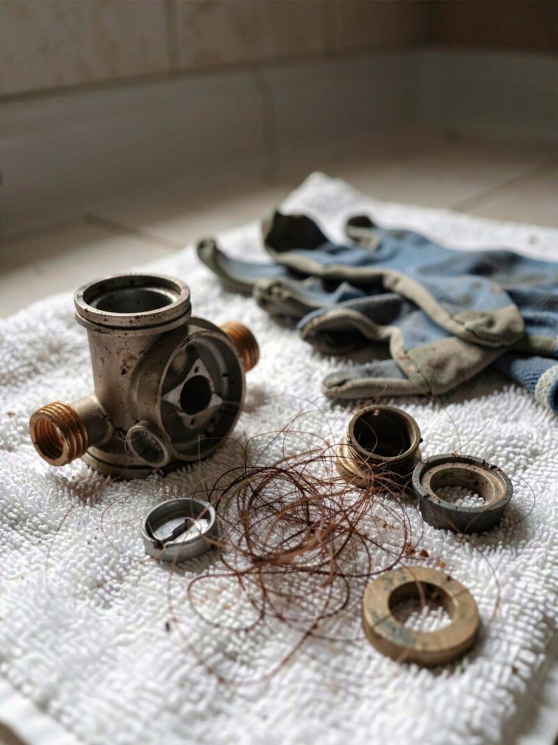 AI illustration: a shower waste trap parts laid out on a towel